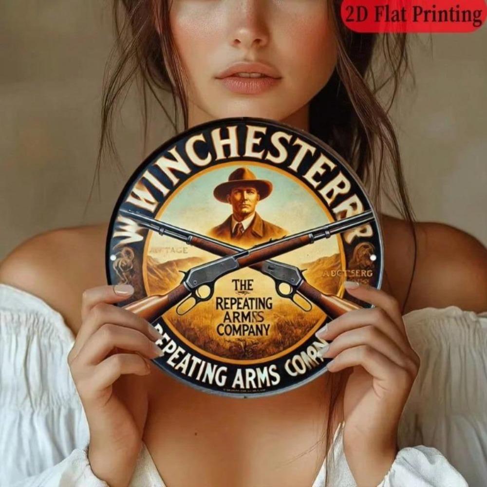 Winchester Repeating Arms Vintage 2D Aluminum Plaque Round Metal Sign Western Bar Home Shotgun Decor 8x8 Inch