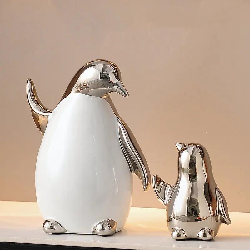 Creative Animal Cartoon Ceramic Figurines Golden Penguin Decoration Little Penguin Sculpture Ceramic Craft Home Decor Accessorie