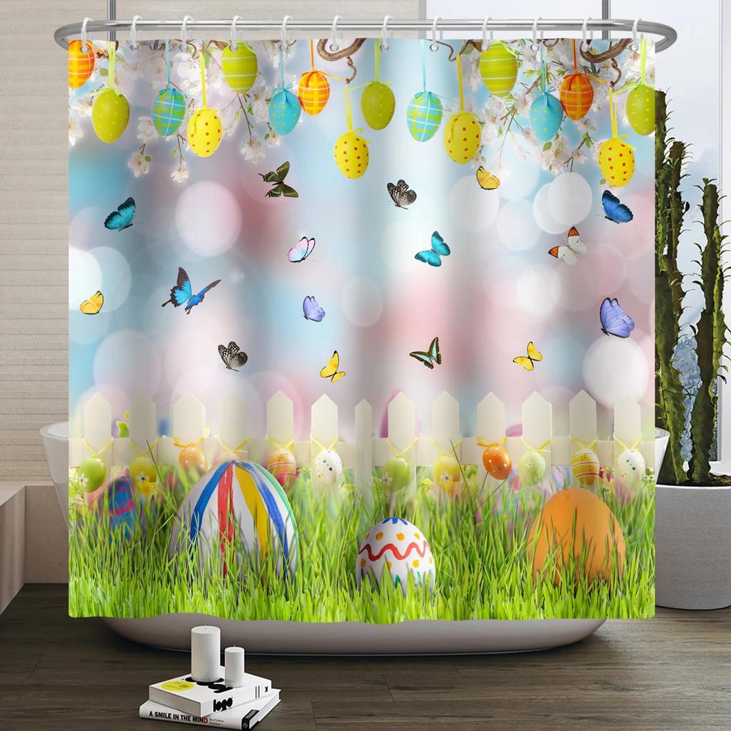 Spring Easter Shower Curtain Happy Rabbit Bunny Eggs Flower Garden Floral Holiday Waterproof Bathroom Shower Curtain With Hooks