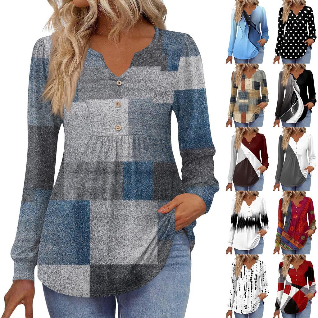 Women's Fashionable Casual V-neck Blouse Button Long-sleeved Pullover T-shirt Top