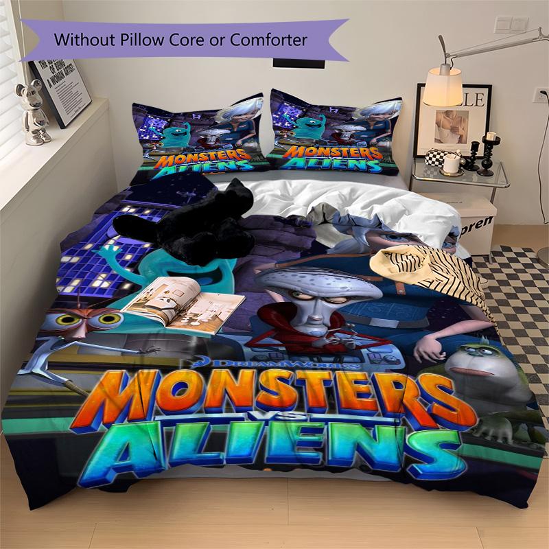 Monsters Aliens Bedding 3 Piece Set HD Print Duvet Cover Pillowcases for Teens Adult Bedroom Decoration Christmas Gift