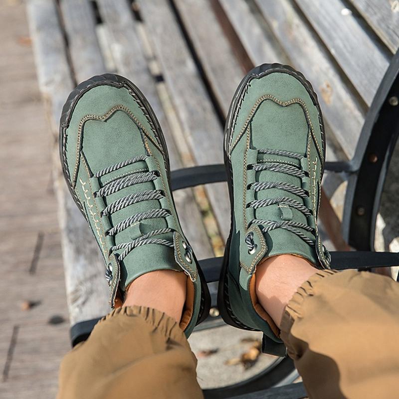 Women/ Men's PU Leather Boots, Men's Fashionable Handmade Stitched Ankle Boots, Flat Bottomed Lace Up Casual Shoes