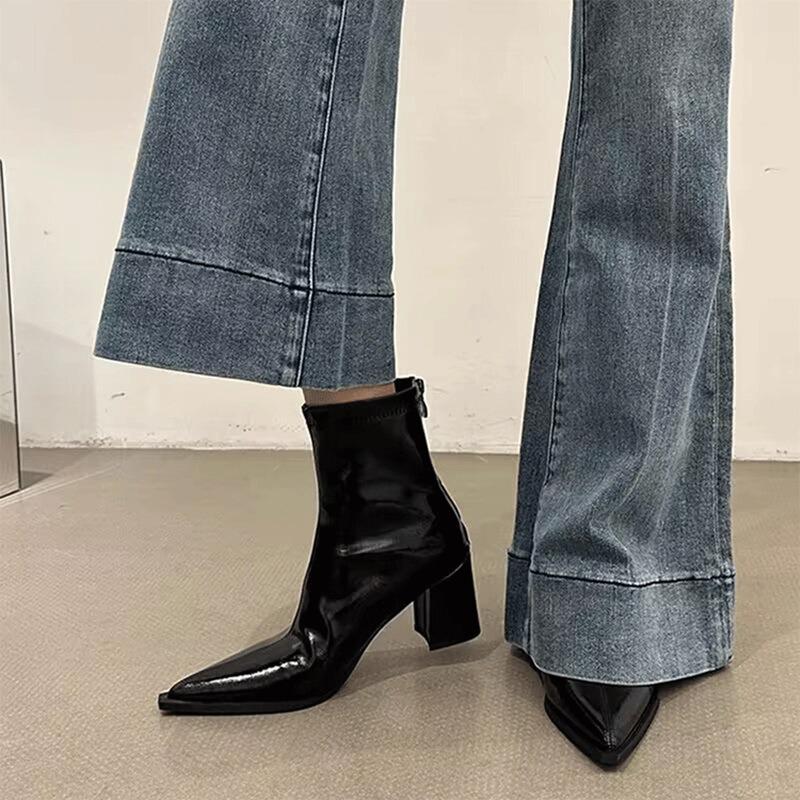 

Черные короткие ботильоны на высоком каблуке женские толстый каблук острый носок задняя молния новые осенне-зимние универсальные коричневые высококлассные ботинки Мартин 35 чёрный