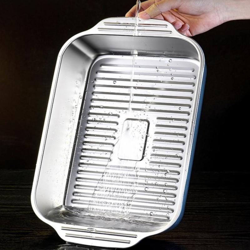 Stainless Steel Rectangular Deep Tray With Handle Rust-Proof Multi-Purpose Food Storage Tray For Kitchen Use Tools