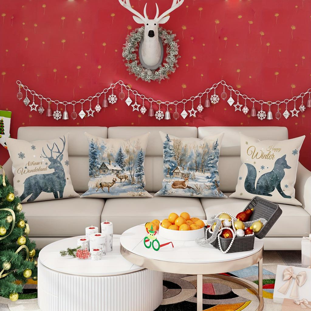 Christmas Pillowcases: Winter Wonrland, Fox & Deer Scenes With Happy Winter Sofa Room Cushion Cover Home Coration Gift