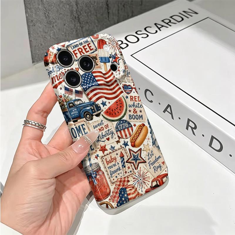 Red White Blue Scrapbook Flag Truck Hotdog Firework Art Film Aesthetic Protective Shockproof Bumper Case For iPhone 13 14 15 16 17 Pro Max Plus