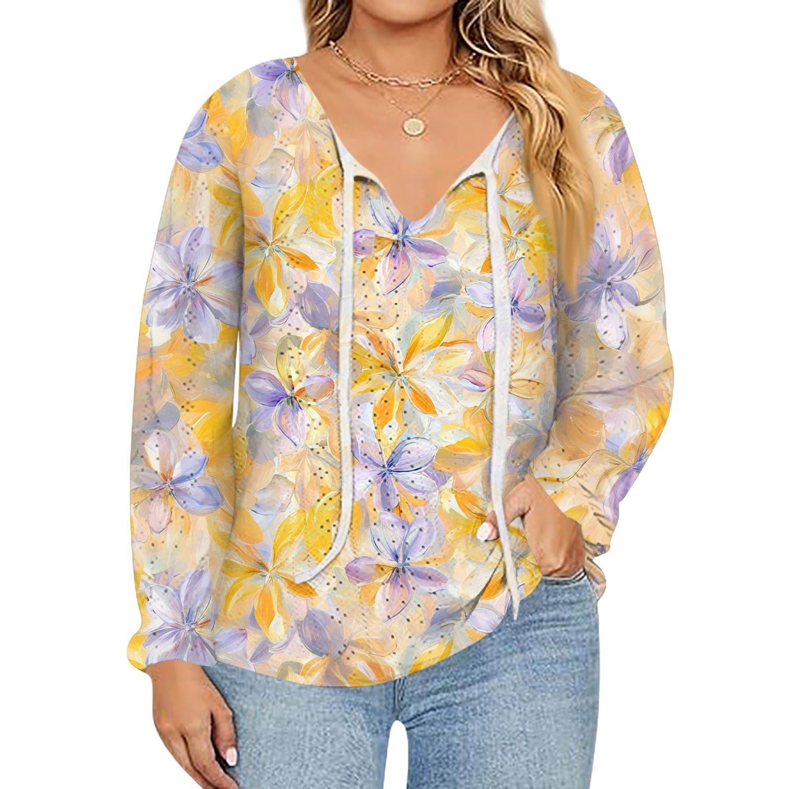 

Женский модный топ с принтом, повседневный, с V-образным вырезом и длинным рукавом XL жёлтый