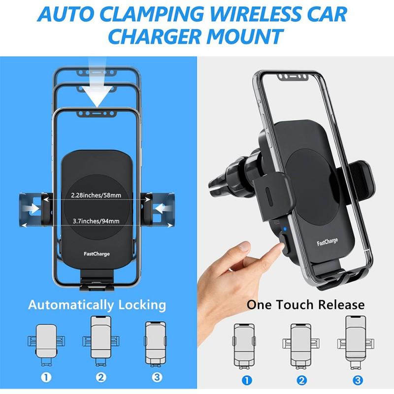 Universal Car Phone Holder With 15W Fast Wireless Charging Dashboard Vent Mount Auto-Sensing Clamp ABSMetal Slim Design