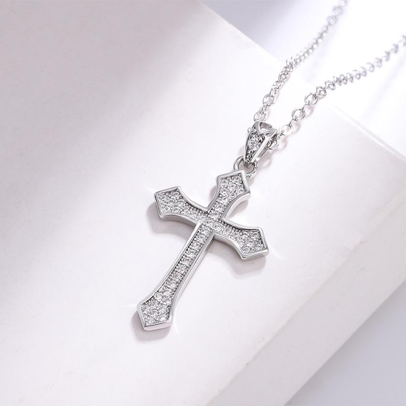 White Gold-Plated Cross Pendant Micro-Paved Necklace, Non-Fading, Christmas Gift Jewelry