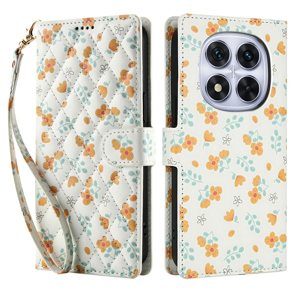 Brieftaschentasche für Xiaomi Redmi Note 14 Pro 5G/14 Pro+ 5G/Poco X7 5G Rauten-Blumenmuster Leder Klapphandyhülle mit Riemen