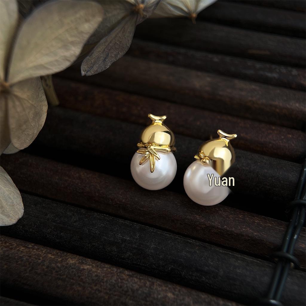 

Серьги-пусеты Fu Lu из 18-каратного золота с жемчугом в форме тыквы - Ретро китайский стиль, Легкая роскошь, Мода