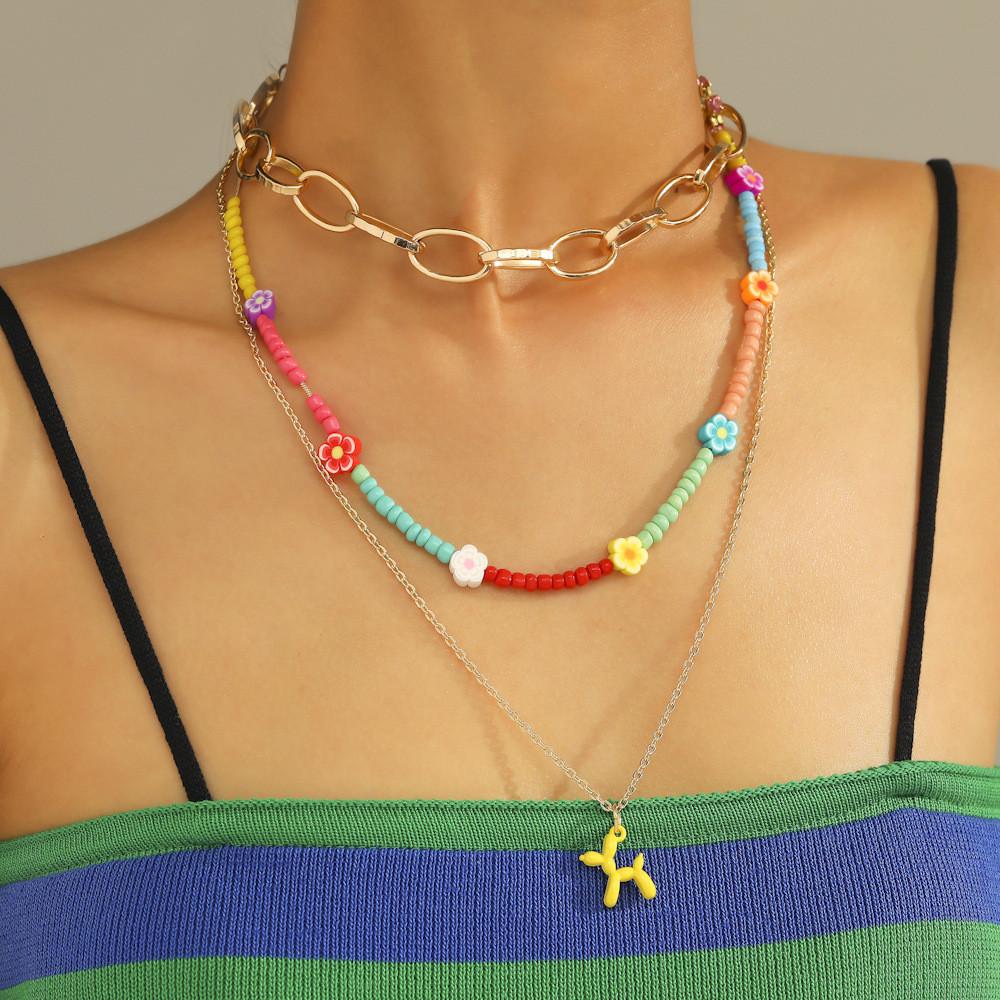 Geometric Trendy Flower Soft Clay Dog Pendant Necklace Elegant Layered Jewelry Women For