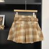 Women's Retro Red Plaid Wool Pleated Skirt with Belt - Winter Petite Collection