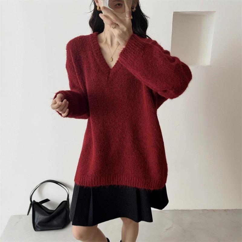 Gentle wind soft waxy neck pullover sweater women's autumn and winter new loose large size simple lazy wind knitted sweater top