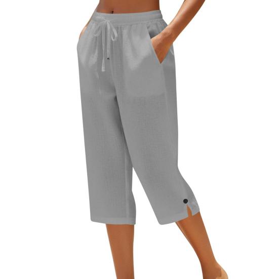 Women Cropped Pants Elastic High Waist Lace-up Straight Leg Casual Trousers with Pockets Breathable Summer Pants School Daily Wear