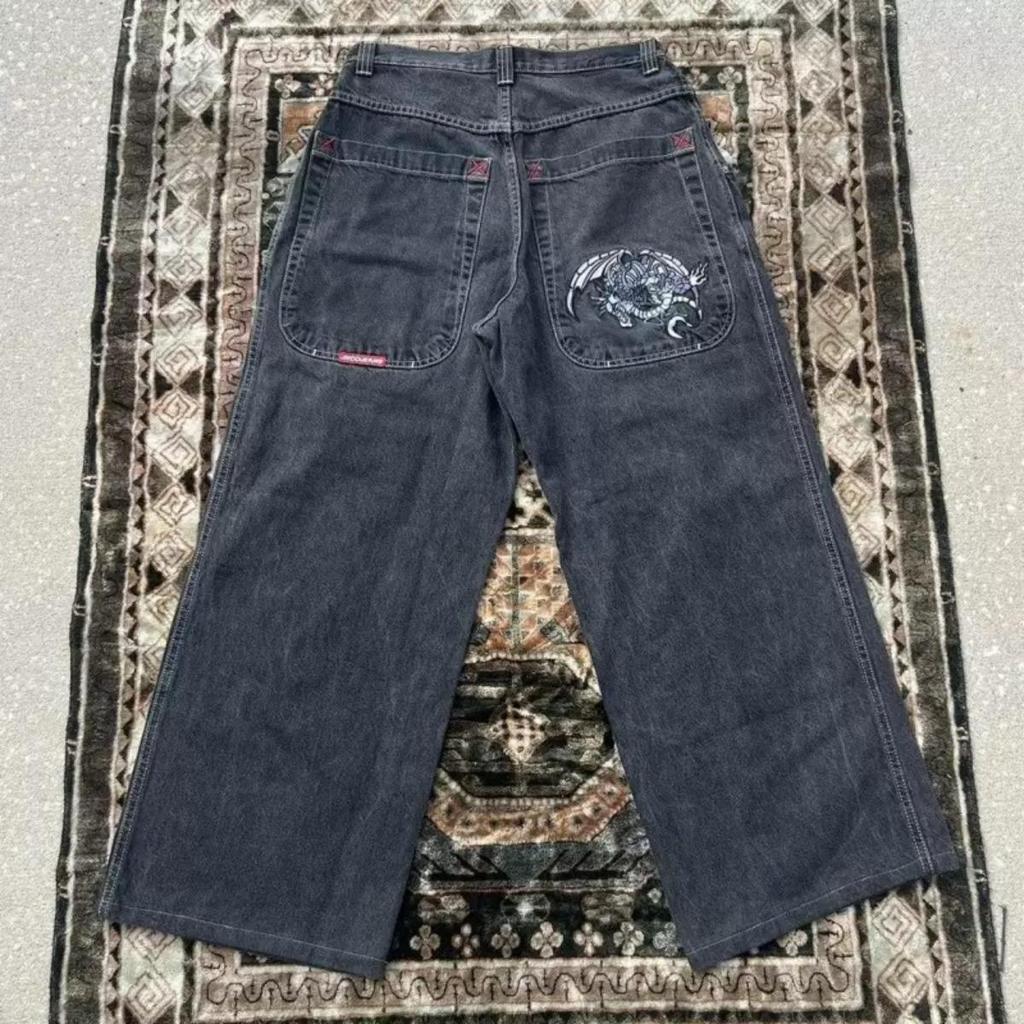 Jeans Harajuku com padrão bordado hip-hop solto grande, tendência da moda americana Y2K, jeans solto masculino, calças largas de rua