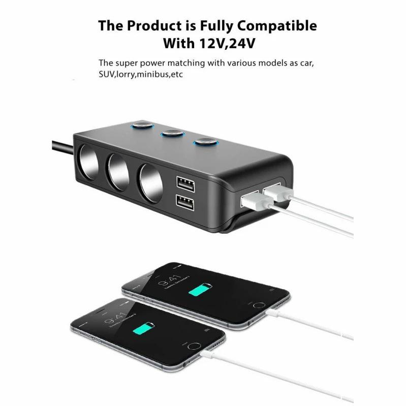 TR30 Car Cigarette Lighter Splitter: 3-Socket, 4-USB Ports, Independent Switches, QC3.0 Fast Charge, 120W, Voltage Display