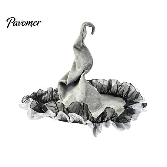 Retro-Stil Hexenhut Damen Großer Raffierter Hut, Halloween Filz Zauberer mit Rüsche/Blumen/Netz, Kostüm für Erwachsene Cosplay für Party, Maskenball Zubehör