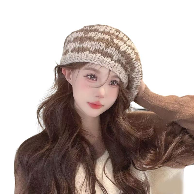 Retro contrasting stripes thick knitted beret women's autumn and winter versatile wool painter hat children's parent-child warm hat