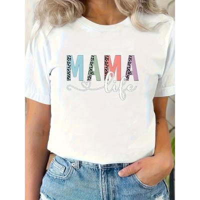 European Size Women's Plus Size Mama Graphic T-Shirt White Crew Neck Top Everyday Shirt for Moms -Casual Tee for Mother's Day Gifts & Everyday Outfits