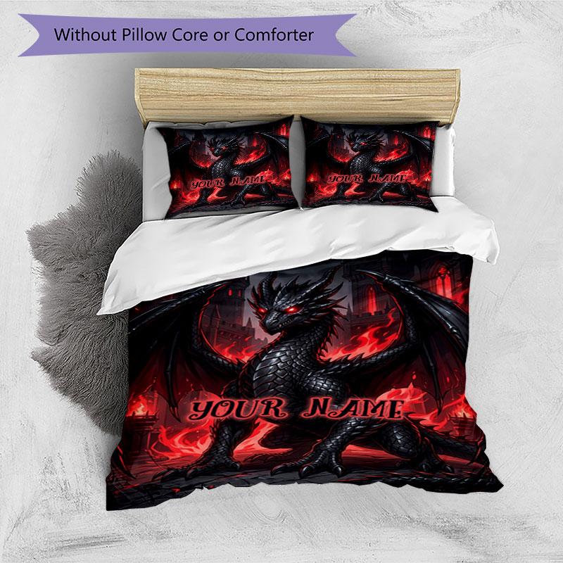 3PC Custom Name Dark Dragon Fantasy Art Bedding Set Duvet Cover Closure Includes 1 Duvet Cover & 2 Pillowcases for Bedroom