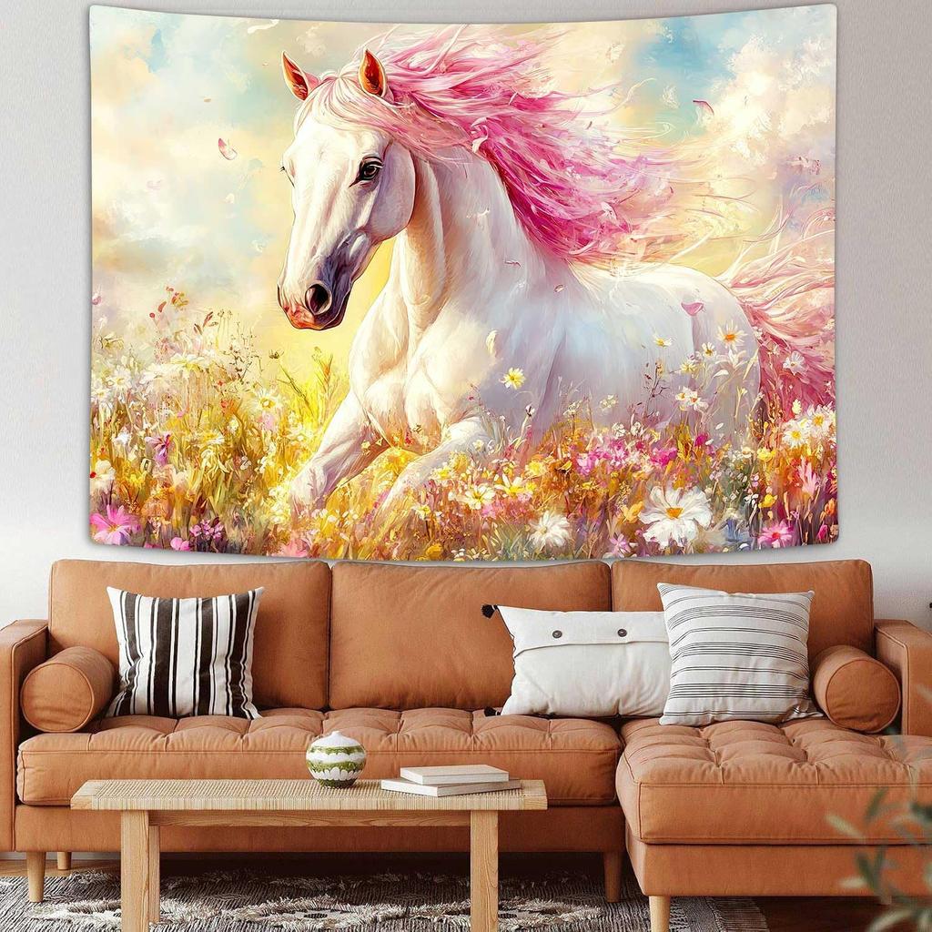 Horse Tapestry,Watercolor Wild Animal Tapestry Wall Hanging,Pink Colorful Flower Tapestry,Wall Art Home Decor For Bedroom Living