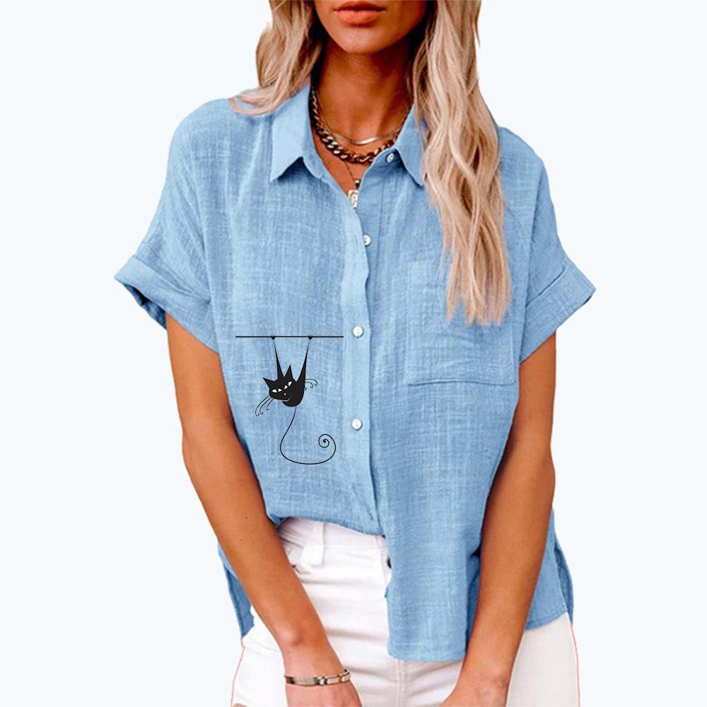 

Женская мода, топ с воротником с лацканами, летняя и осенняя повседневная свободная футболка с коротким рукавом, льняные блузки с карманом, рубашка на пуговицах с принтом кота