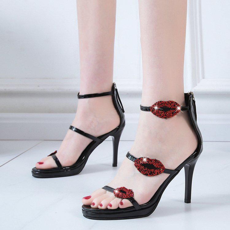 Sexy Pointy Water Drill Stiletto Shoes Sequins Show Thin Nightclub Word with Sandals Party Women's Shoes Box