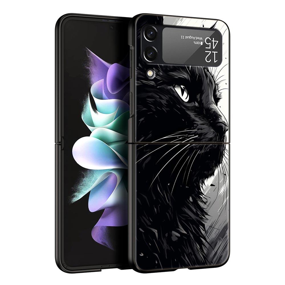 Phone Case for Samsung Galaxy Z Flip 3 4 5 6 Folding Black Shell Black Cat For Samsung Z Flip4 Flip5 PC Hard Cover