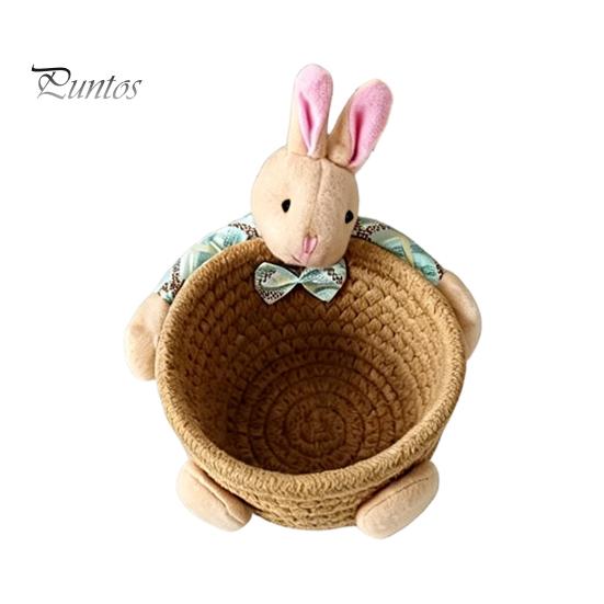 Gentle Color Storage Basket Desktop Basket, Cartoon Plush Bear And Rabbit Rope Decorative Plaid Bow Organizer Shape, Woven for Small Items Jewelry
