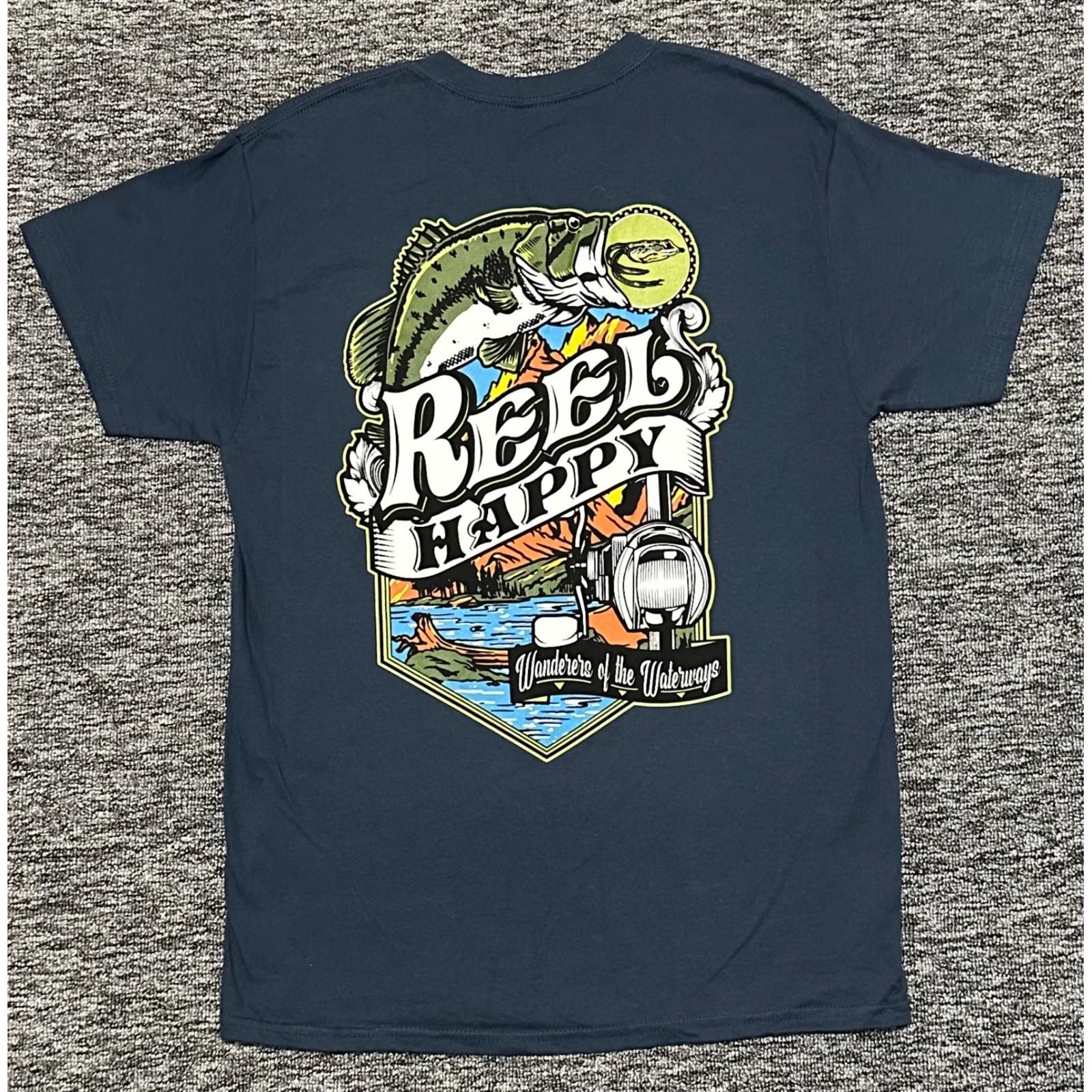 Reel Happy Men M Navy Blue Bass Fishing Wanderers Of The Waterways Graphic Shirt S
