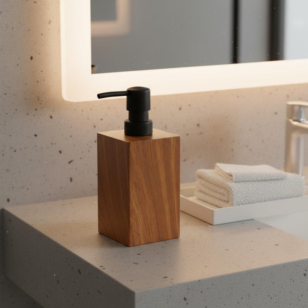 Walnut Texture Pump Bottle Long-Lasting Resin Refillable Shampoo Bottle Square Lotion Dispenser Elegant Design Bathroom