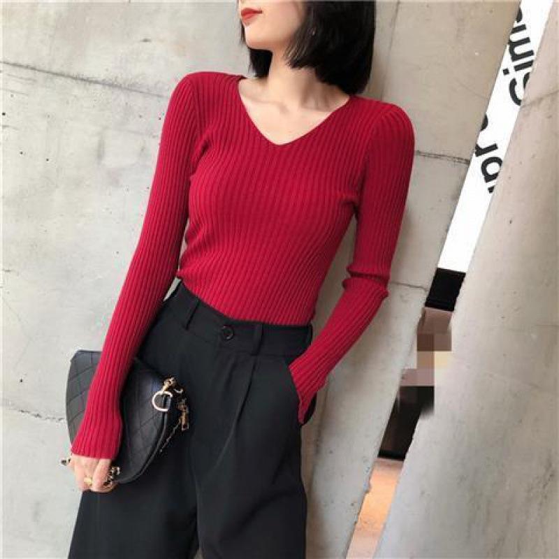 Bottoming Sweater Tees Women Autumn Single-Breasted Long Sleeve V-Neck Knitted Tops Fmale Solid Pullover Tops