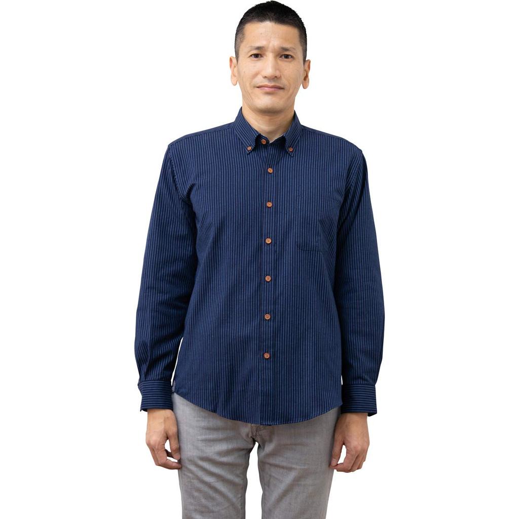 Watanosato Long Sleeve Dobby Made in Kurume Thin Stripes Button-Down Shirt, Weave, Japan, (Size L/Color Navy)