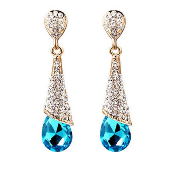 Women Elegant Cubic Zirconia Inlaid Water Drop Long Dangle Earrings Jewelry синий