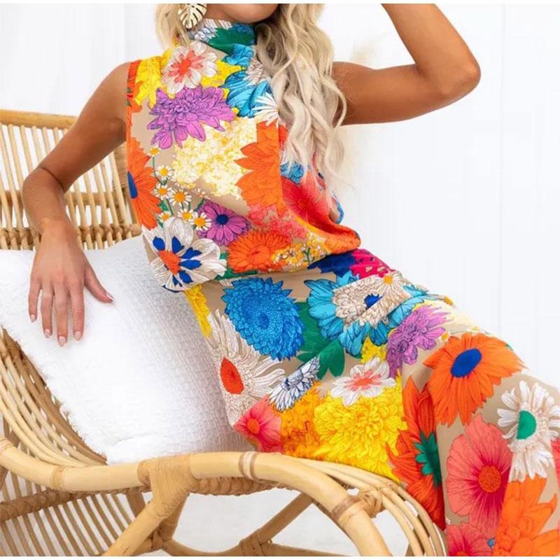 Colorful Flower Printed Dress Women Long Sleeve O-neck Strap Waist Lace Up Backless Dresses Female Fashion Holiday Lady Robe