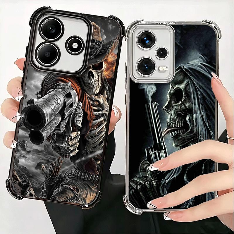 Reaper Skull Skeleton Gun Soft Phone Case For Xiaomi Redmi Note 14 15 Pro Plus 13 12 11S 11T 5G 10 9S 9 Plating Anti-Fall Fundas