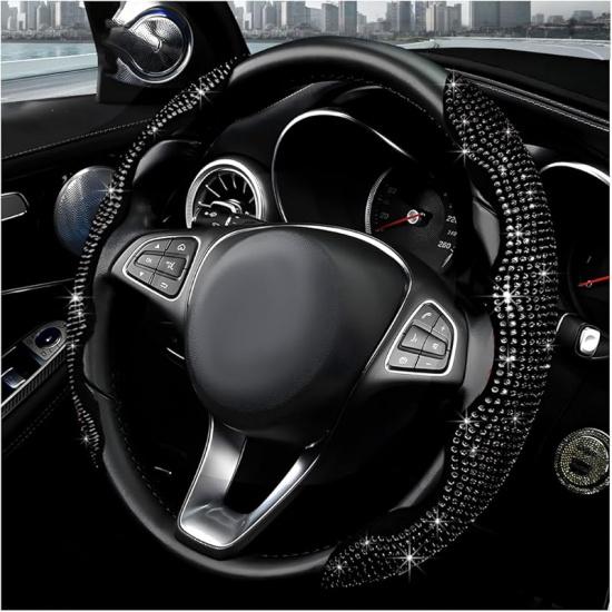 2PCS Steering Wheel Cover, Sparkling Rhinestone Segmented Steering Wheel Protector Fit 14-15.6 Inch, Non-Slip Wheel Wrap Cover Bling Car Interior