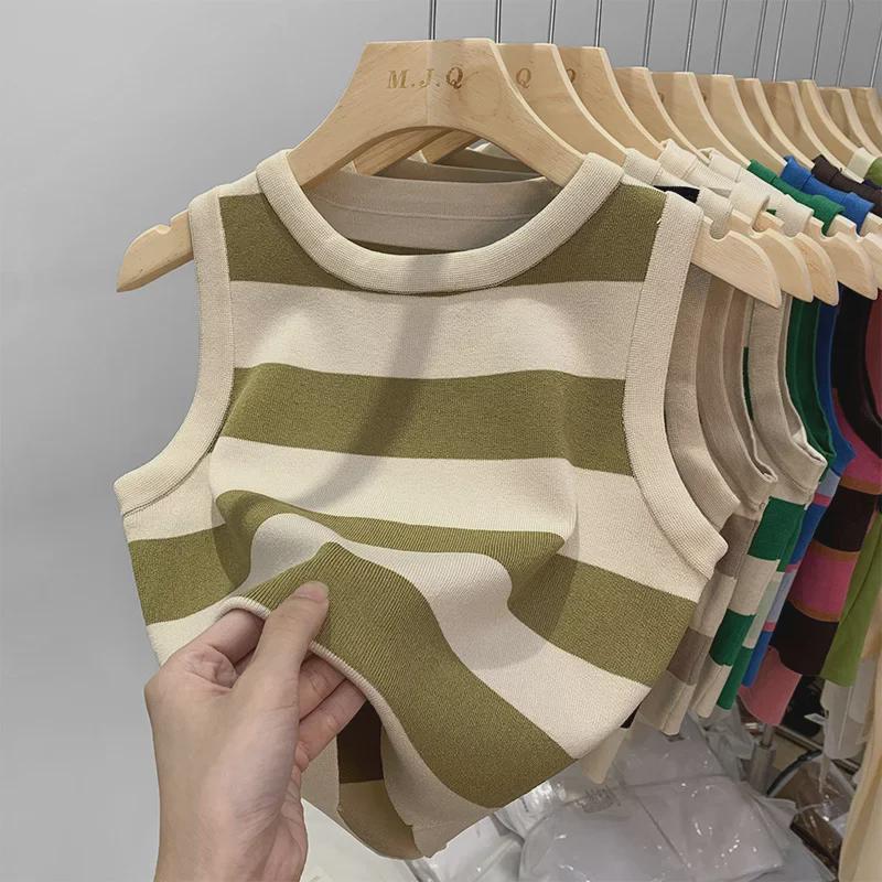 Dámská pruhovaná pletená vesta - Letní 2024 Retro styl, Chladivý top bez rukávů