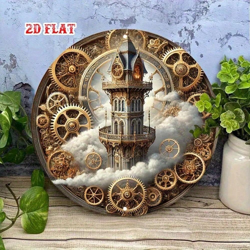 Steampunk Metal Wall Art Round Gear Bell Tower Vintage Decor for Home Cafe