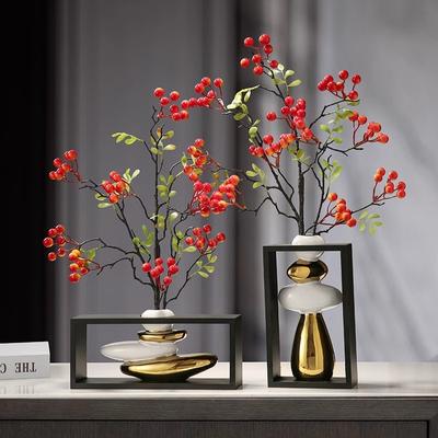 Ceramic Vase Geometric Frame Golden Rockery Stone Stack Flower Vase Floral Arrangement Home Decoration Accessories