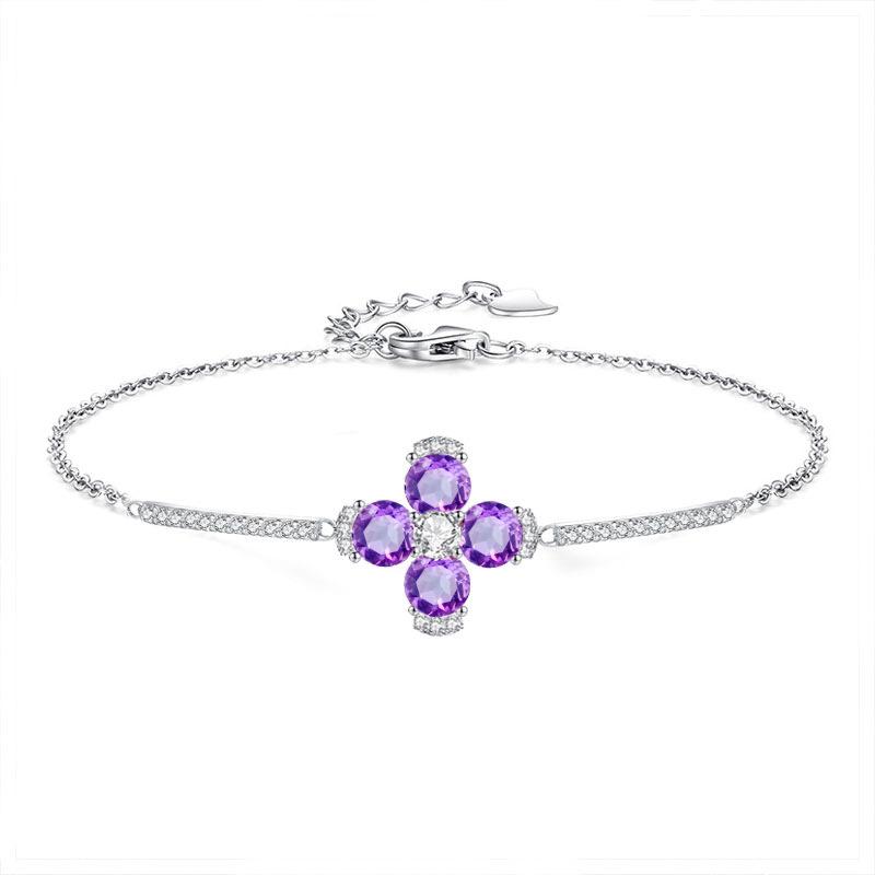 Natural crystal stone four-leaf clover S925 sterling silver bracelet women s light luxury garnet olivine high-end girls  jewelry 925 silver