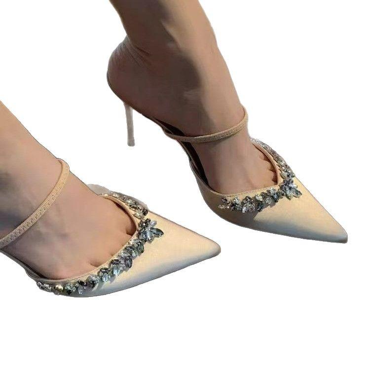 2025 Summer New Pointed Rhinestone High Heel Fine Heel Champagne One Word with Sandals Half Drag Cool Slippers Outer Wear Women