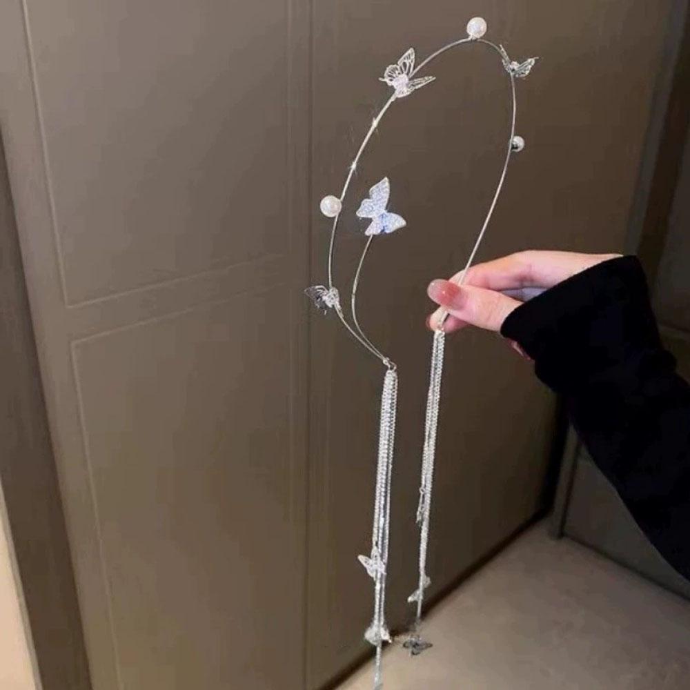 1pc Fashion Butterfly Hair Accessories Romantic Crystal Pearl Tiara Hairbands for Women Long Tassel Chain Headwear Headwear