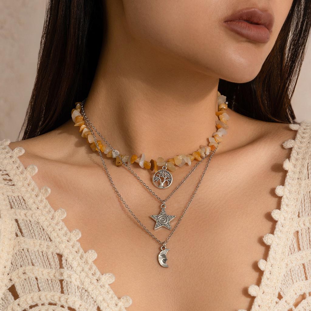 Retro Moon Sun Star Pendant Necklace Women Multilayer Jewelry Accessories