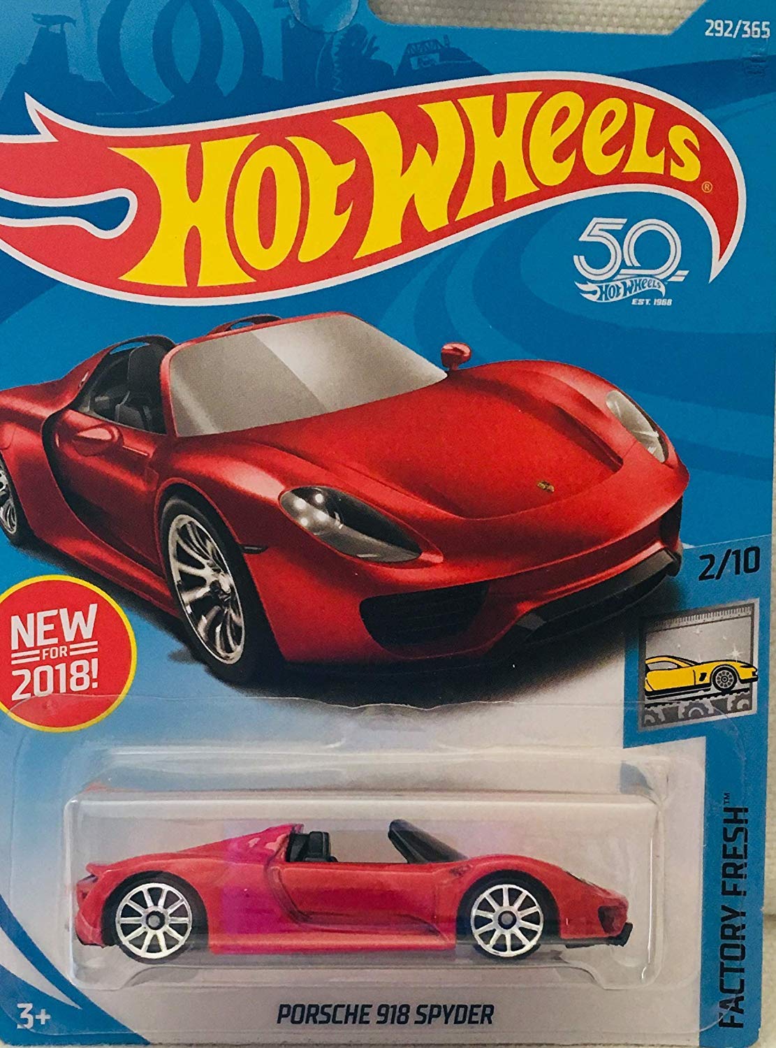 

Hot Wheels Factory Fresh 2/10, RED Porsche 918 Spyder 292/365 50TH Anniversary Card