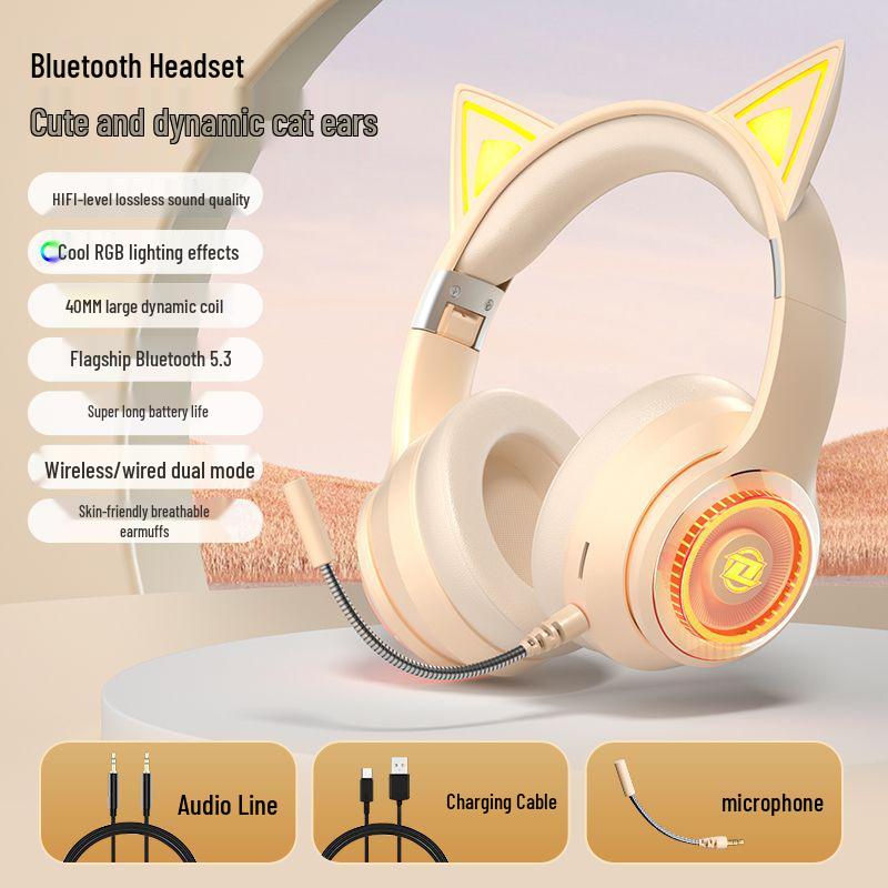 Leuchtende Kabellose Katzenohren Bluetooth Over-Ear Kopfhörer 2025 - Gaming & Sport, Starker Bass, Kompatibel mit Mobil & PC