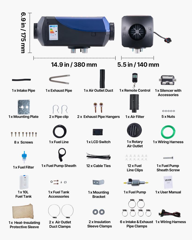 VEVOR Diesel Heater, 12-24V 5-8KW Portable Diesel Air Heater with Remote Control and LCD Screen, Fast Heating Low Noise