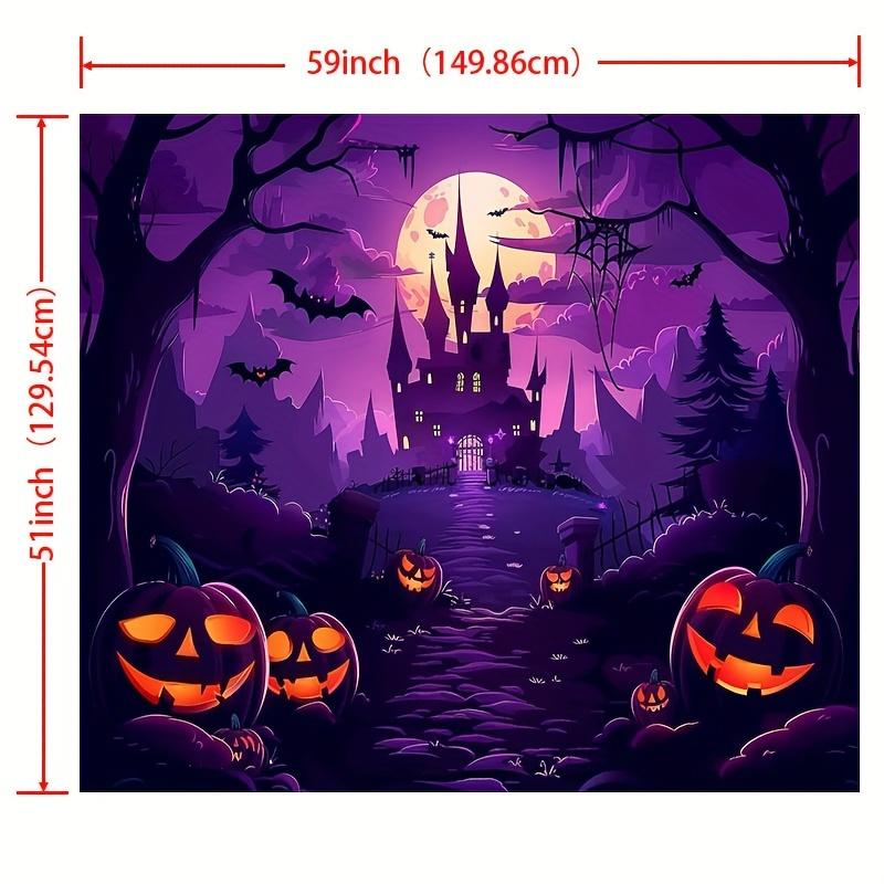 Halloween party backdrop banner featuring a haunted castle and purple pumpkins - a terrifying forest scenezyc
