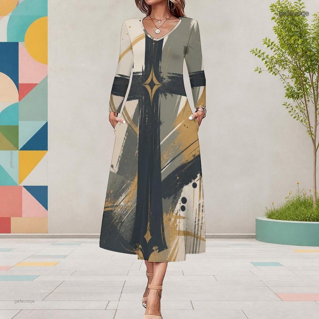 Women Plus Size V Neck Long Sleeve Star Swirl Print A Line Midi Dress With Pockets
